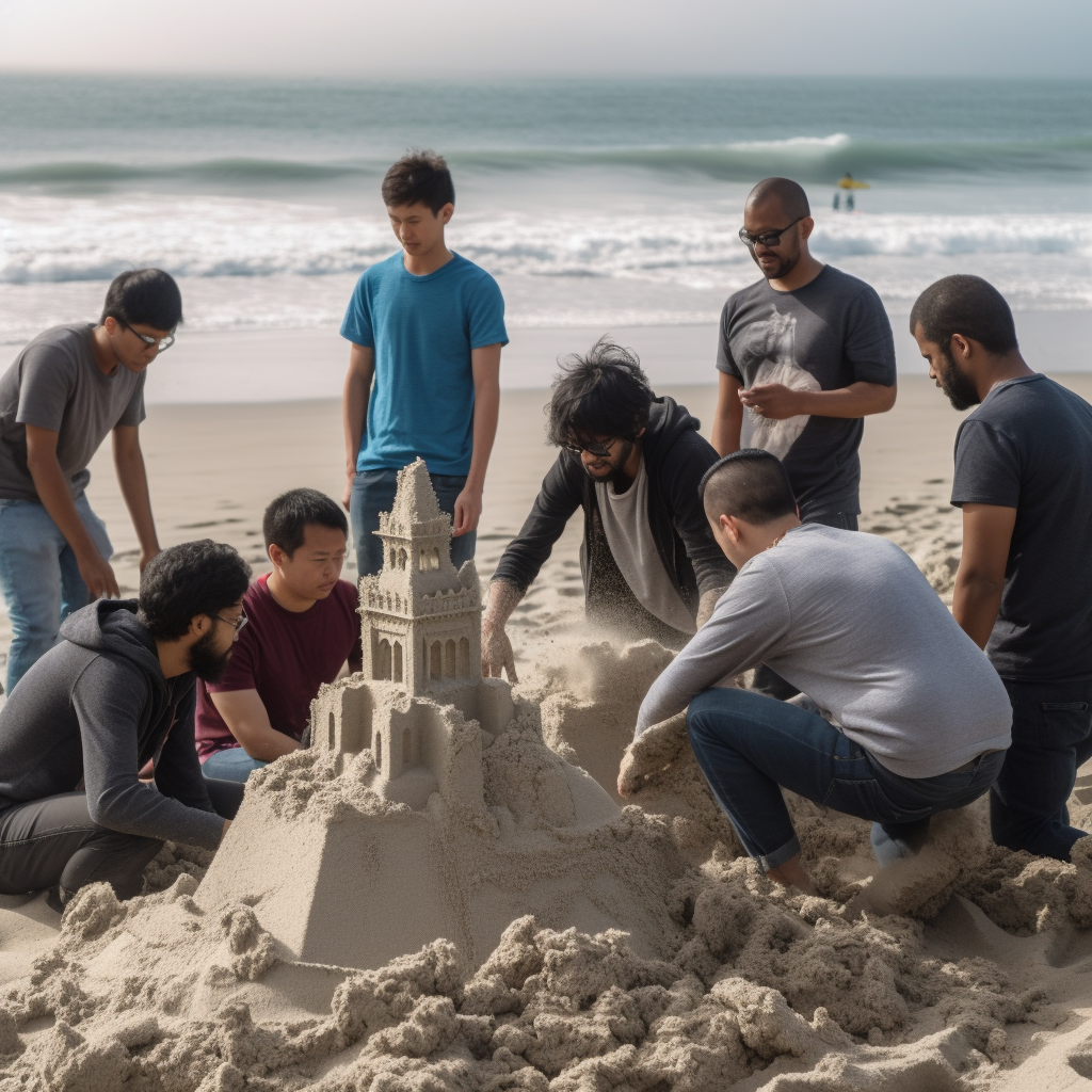 Software engineers making sandcastles in front of an approaching wave